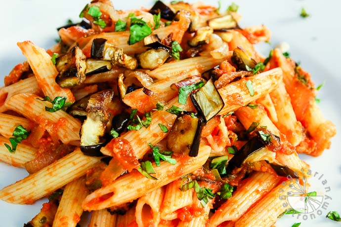 roasted eggplant caramelized onion pasta-9