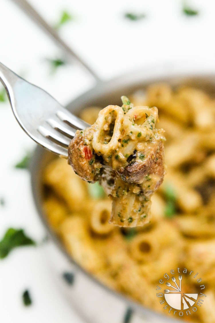 sun-dried tomato miso basil pesto pasta with roasted mushrooms-3