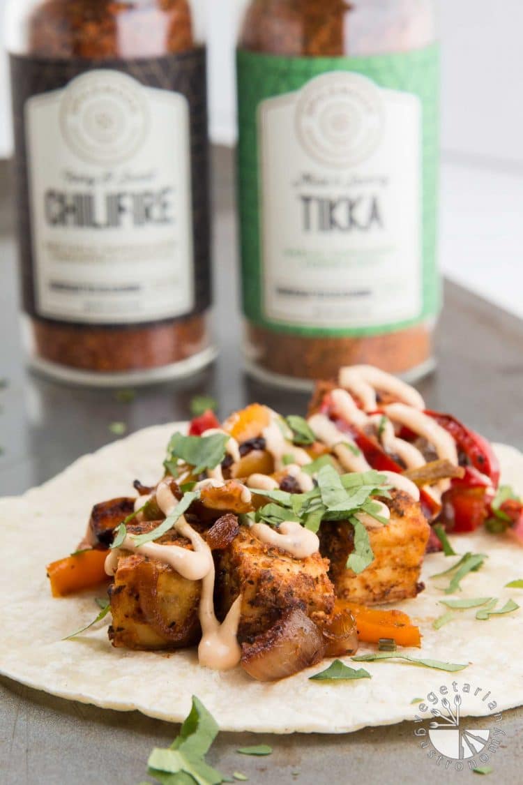 Crispy Tofu Tikka Masala Tacos with Peppers, Onions, and Chilifire Crema #vegan #glutenfree | vegetariangastronomy.com