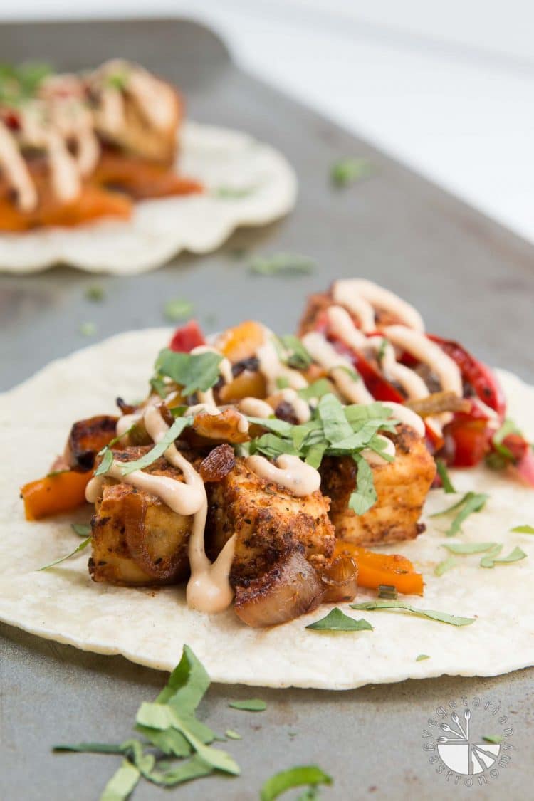 Crispy Tofu Tikka Masala Tacos with Peppers, Onions, and Chilifire Crema #vegan #glutenfree | vegetariangastronomy.com