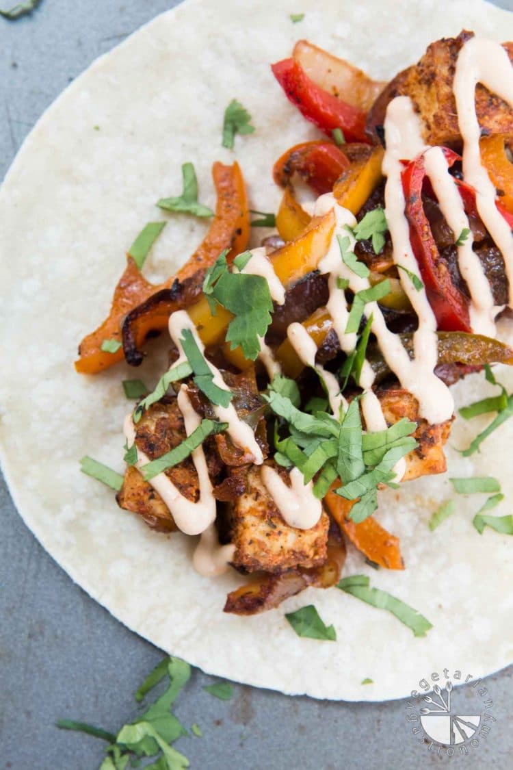 Crispy Tofu Tikka Masala Tacos with Peppers, Onions, and Chilifire Crema #vegan #glutenfree | vegetariangastronomy.com