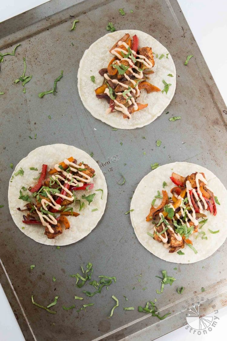 Crispy Tofu Tikka Masala Tacos with Peppers, Onions, and Chilifire Crema #vegan #glutenfree | vegetariangastronomy.com