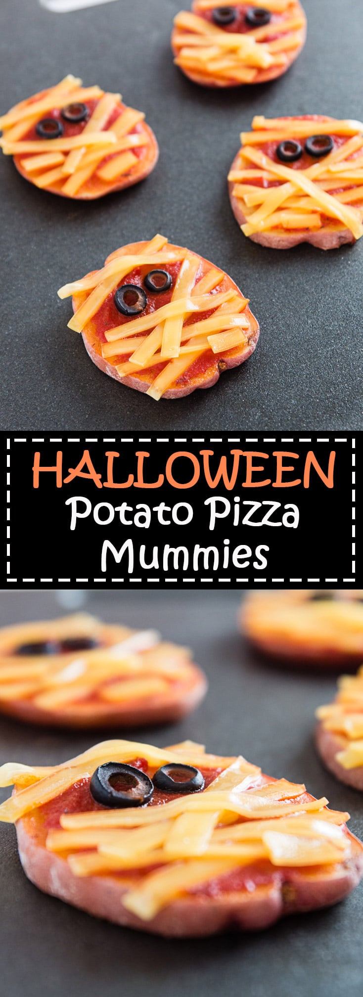 These Halloween Potato Pizza Mummies are perfect for a quick, easy, and fun dinner idea! #vegan #glutenfree | vegetariangastronomy.com