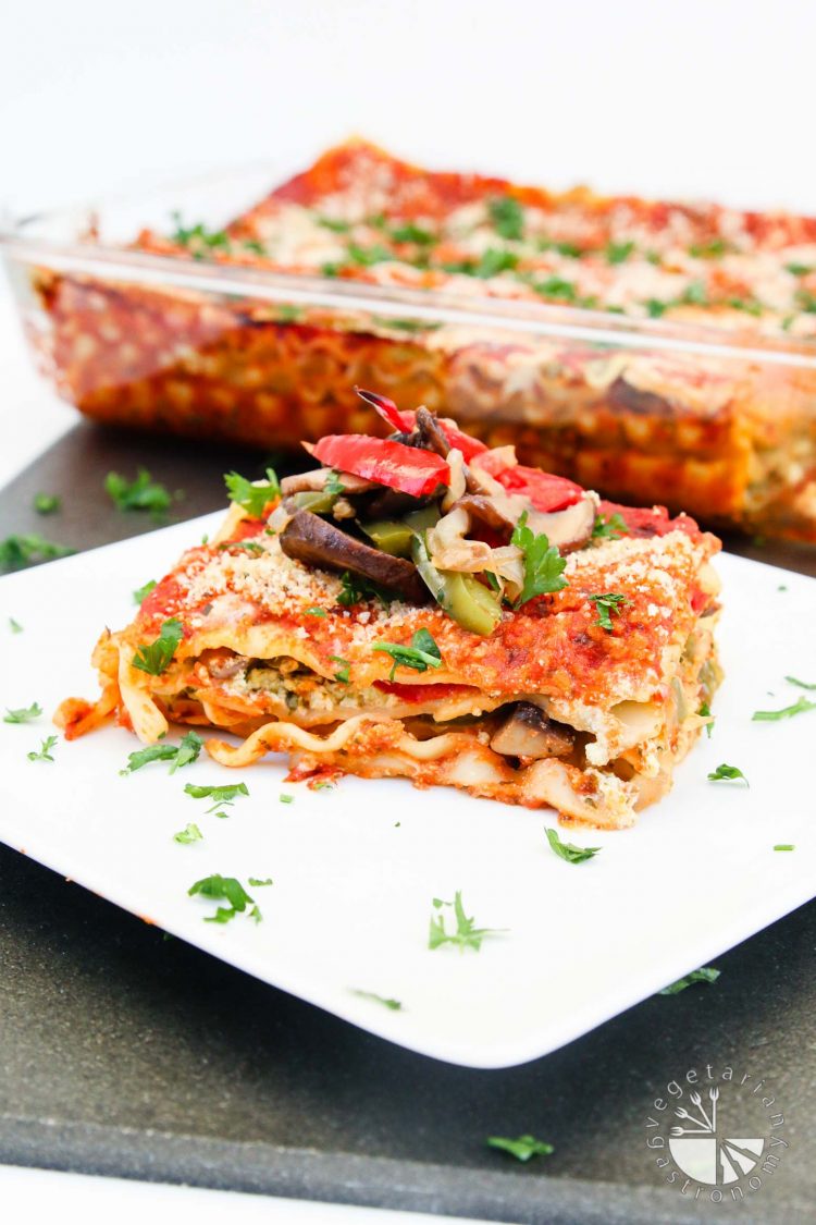 Vegan Lasagna Recipe with Roasted Veggies and Garlic Herb Ricotta #vegan #glutenfree | www.vegetariangastronomy.com