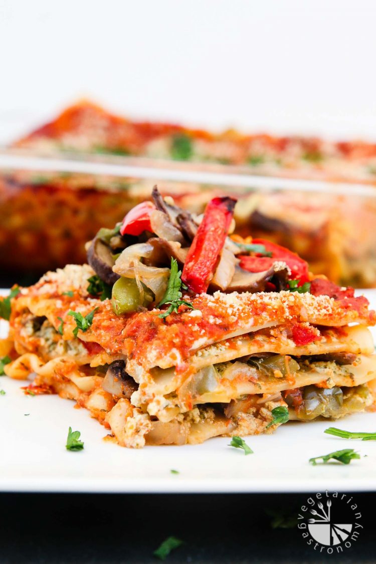 Vegan Lasagna Recipe with Roasted Veggies and Garlic Herb Ricotta #vegan #glutenfree | www.vegetariangastronomy.com