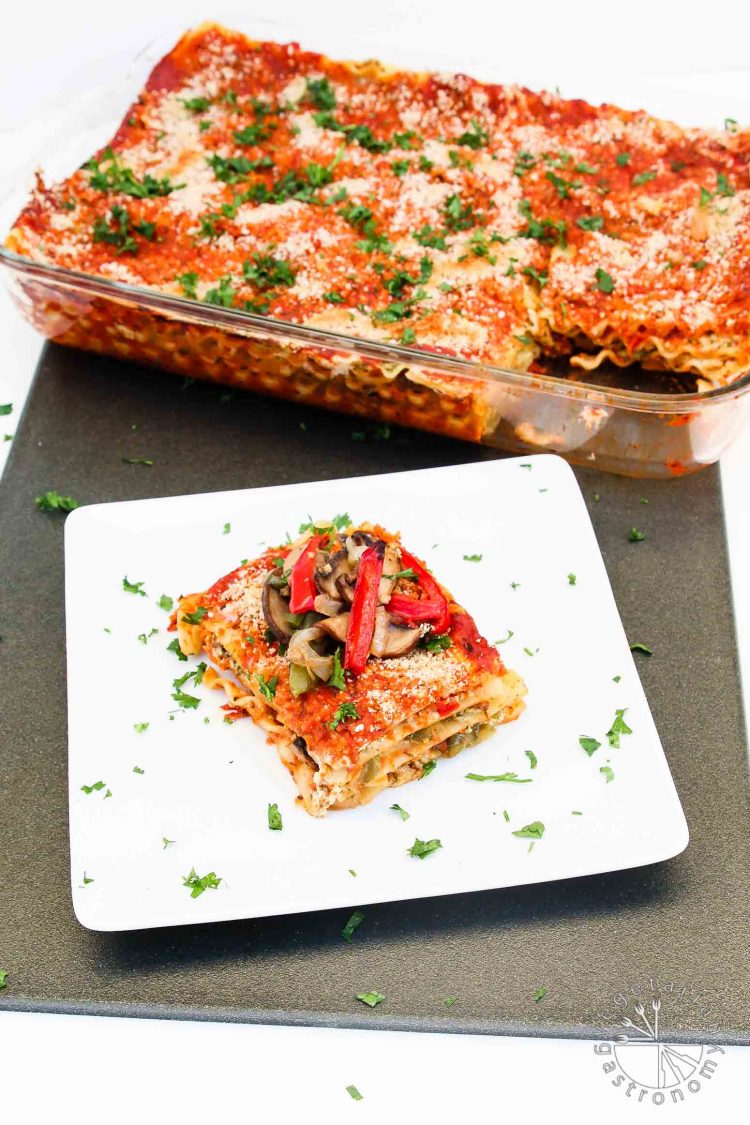 Vegan Lasagna Recipe with Roasted Veggies and Garlic Herb Ricotta #vegan #glutenfree | www.vegetariangastronomy.com