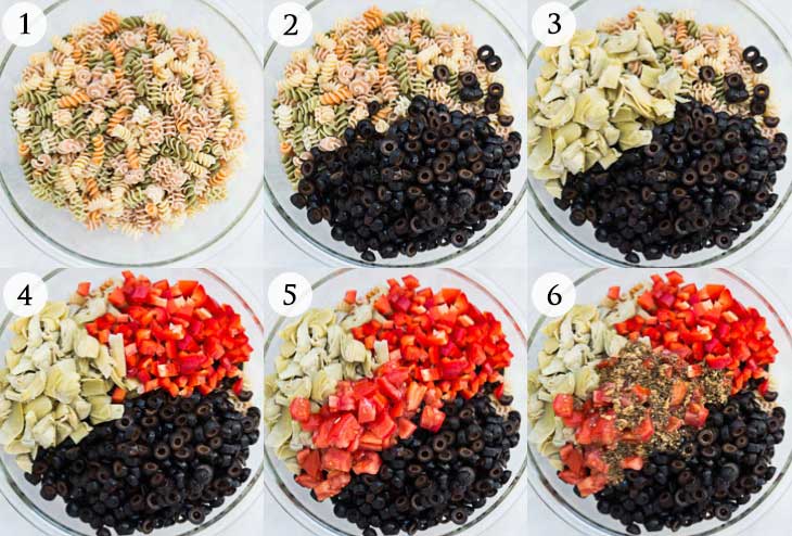 A six photograph collage showing step-by-step on how to make an easy pasta salad recipe.