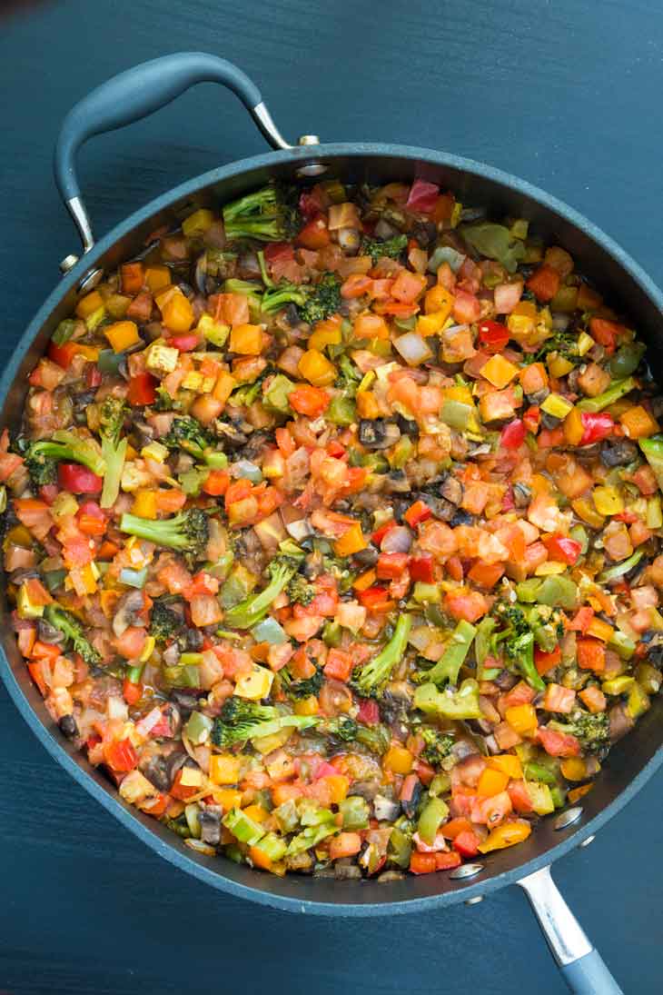 Overhead photograph of sauteed veggies for a pasta with vegetables dish.