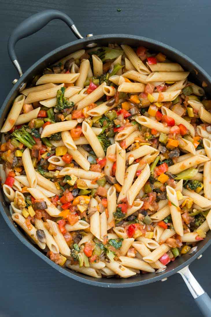 Overhead photograph of pasta with vegetables.