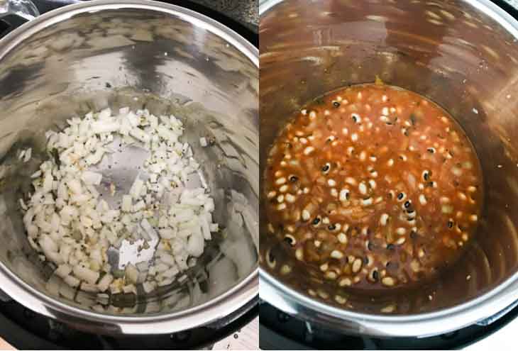 A collage of two photographs. Both showing pictures inside the instant pot and steps for making a vegan black eyed peas recipe.