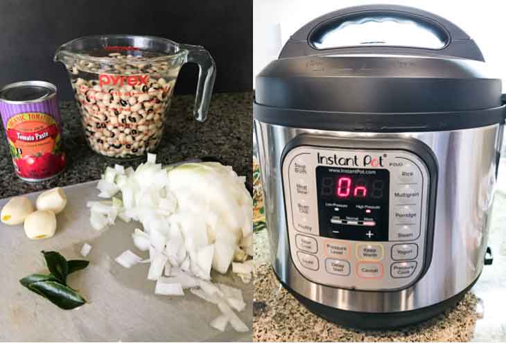 A collage of two photographs, one showing the ingredients for vegan black eyed peas recipe and the second showing an instant pot in action.