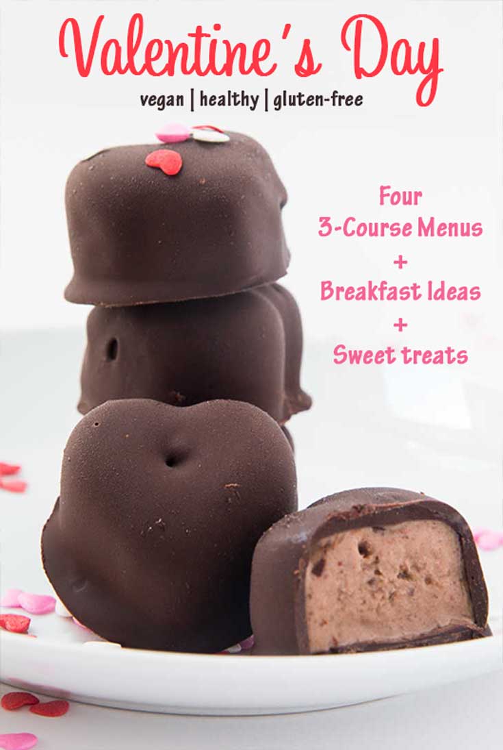 Valentines Dinner recipes, including 3-course menu, breakfast ideas, and sweet treats.