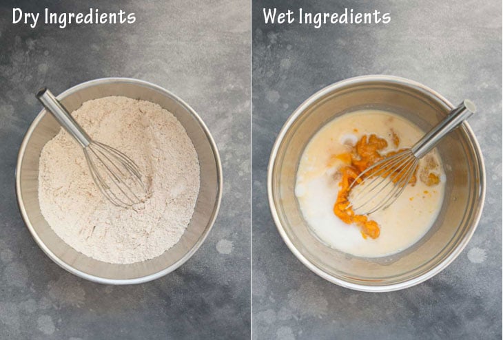 Two collage photograph showing wet and dry ingredients for pumpkin vegan waffles.