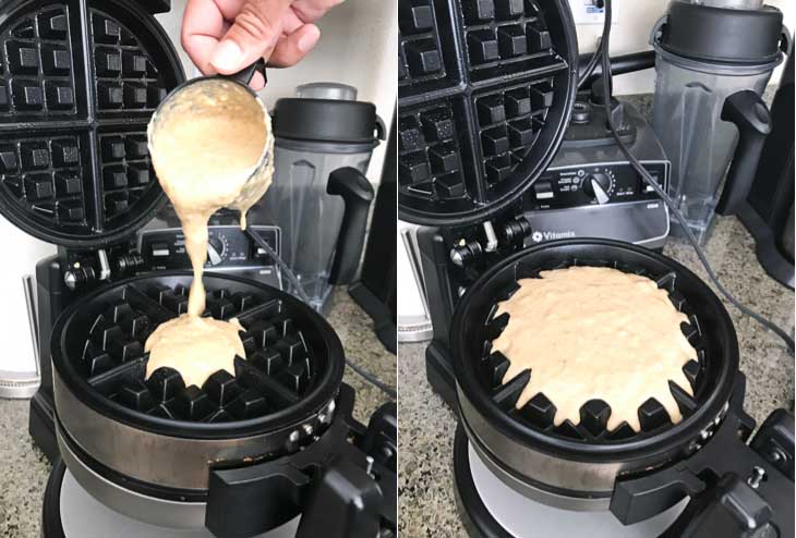 A two photograph collage of pumpkin vegan waffles batter being poured into a belgian waffle maker. 