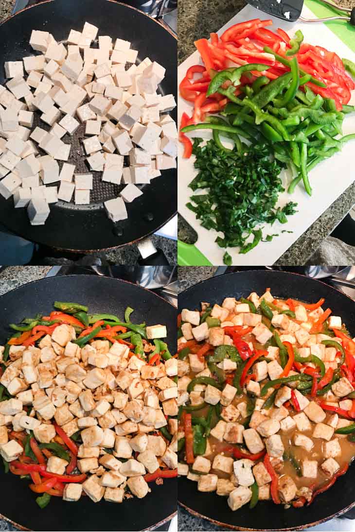 A collage of four prep photographs showing the steps to make orange tofu stir-fry.