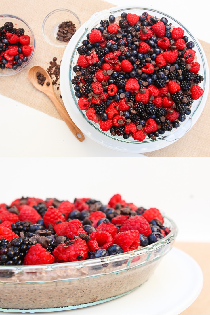 A collage of two photographs showing chocolate chia pudding pie in a glass dish, topped with fresh berries and chocolate.
