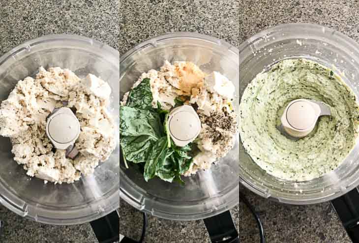 A collage of 3 photographs showing steps on how to prepare tofu ricotta with 5 ingredients in a food processor.