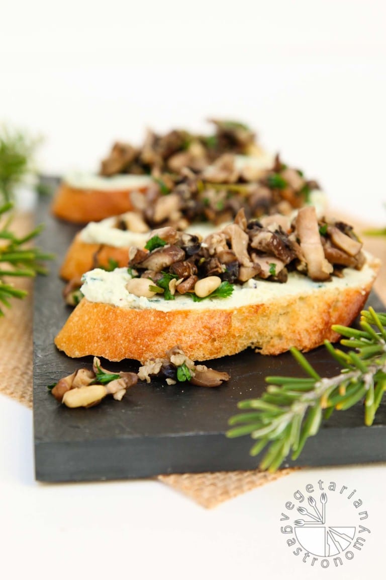 Mushroom Crostini With Garlic Basil Vegan Ricotta Cheese Spread Vegetarian Gastronomy