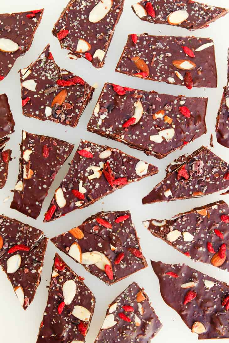 Broken dark chocolate bark with nuts and seeds