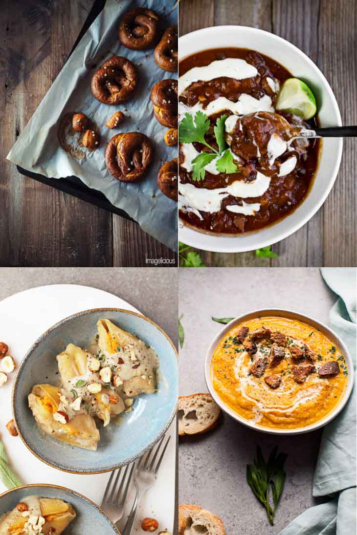 4 photographs of savory vegan pumpkin recipes