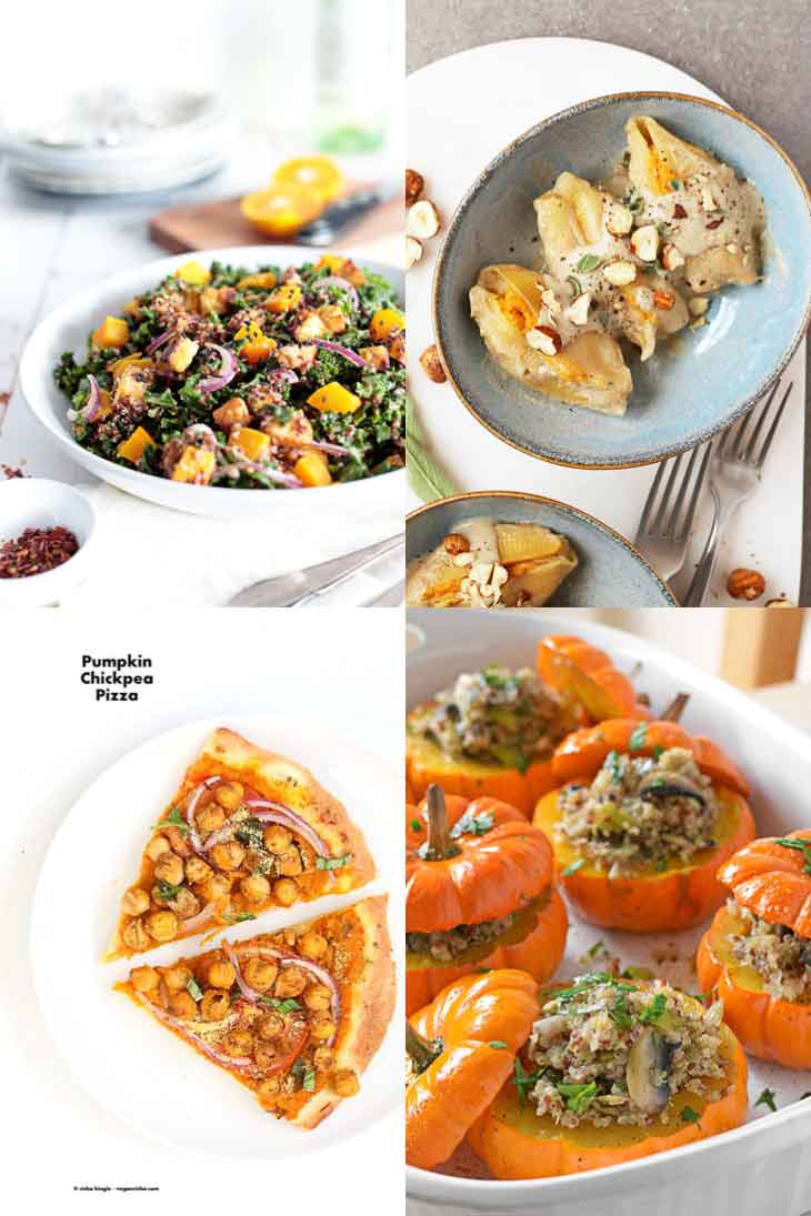 4 photograph collage of savory main vegan pumpkin recipes.