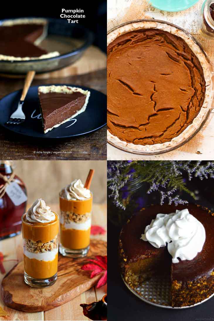 Collage of vegan pumpkin recipes consisting of pies and cheesecakes.