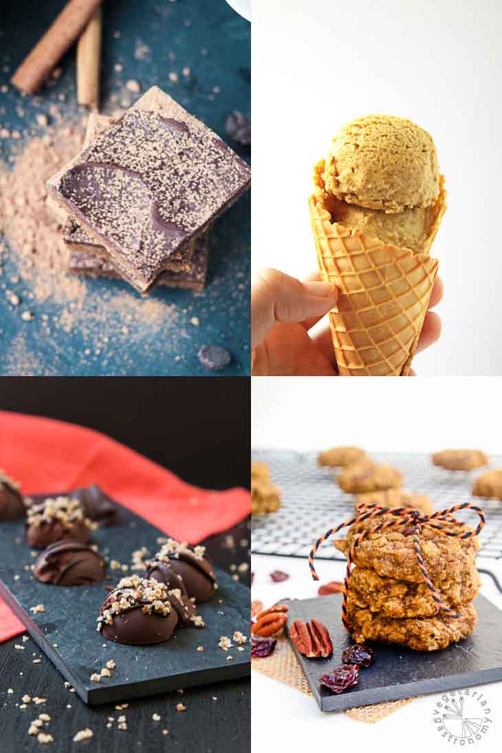 Collage of vegan pumpkin recipes consisting of brownies, cookies, chocolates, and ice cream.