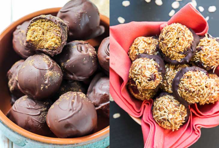 Collage of vegan pumpkin recipes consisting of no-bake balls and snacks.