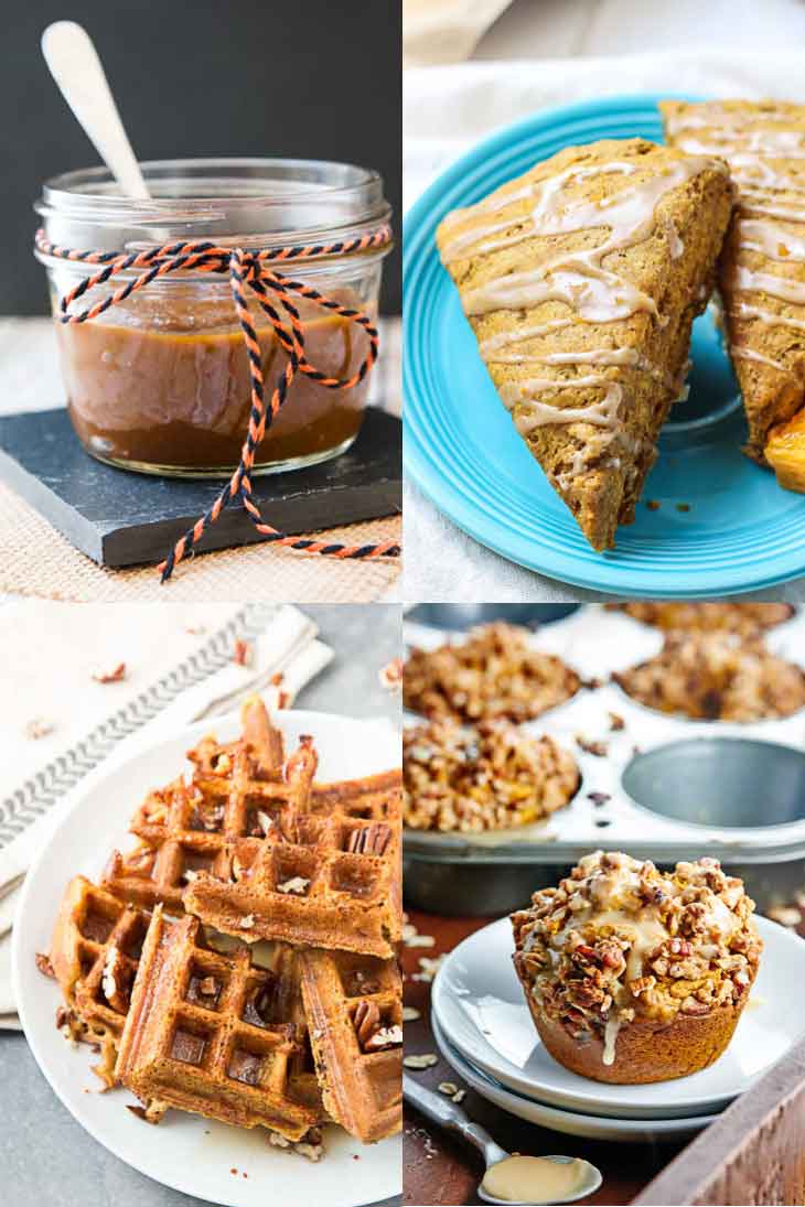 Collage of vegan pumpkin recipes consisting of scones, waffles, muffins, and breakfast items.