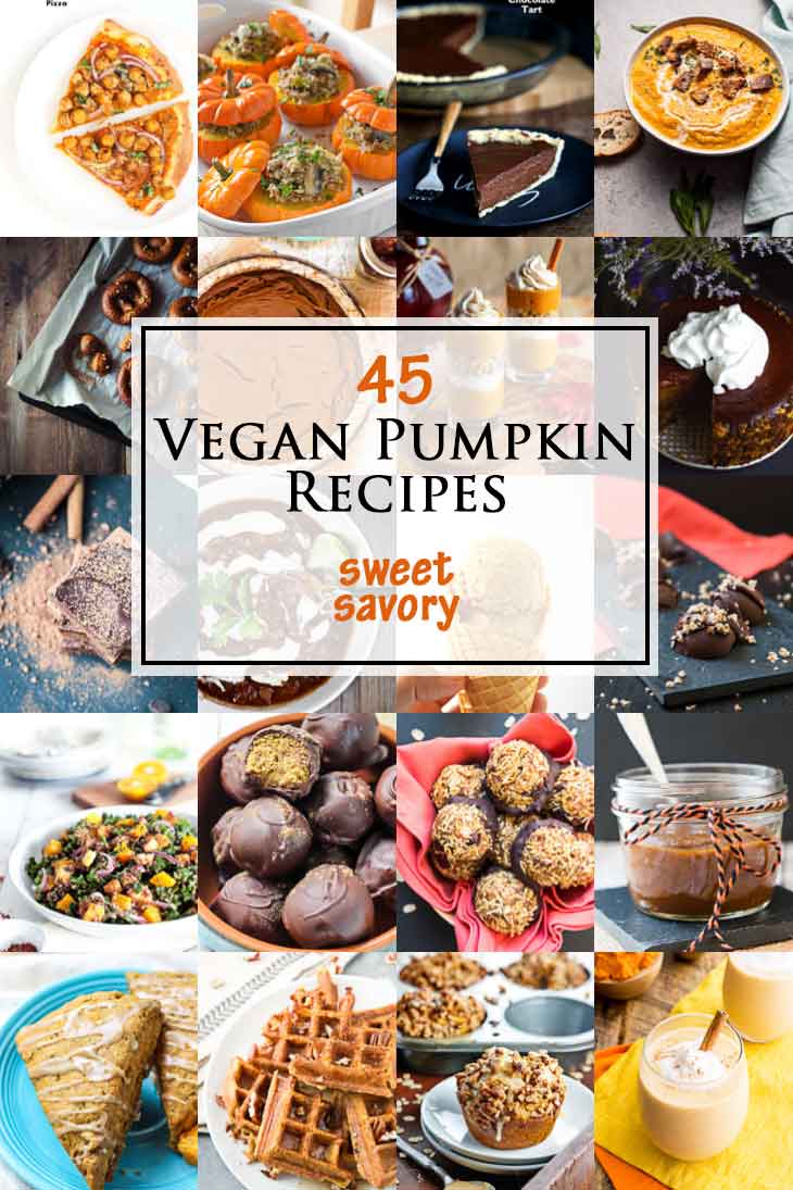 Collage of sweet and savory 45 vegan pumpkin recipes!