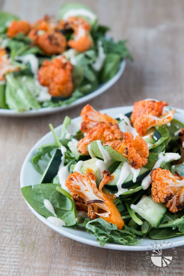 Buffalo Roasted Cauliflower Salad with Mixed Greens, Avocado & Vegan Cucumber Ranch #vegan #glutenfree | www.VegetarianGastronomy.com 