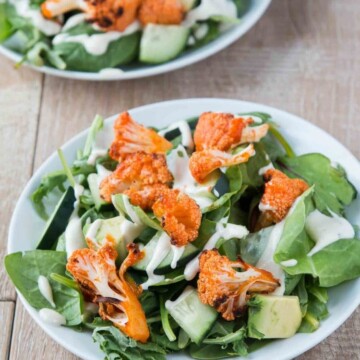 Mixed Green Salad with Buffalo Roasted Cauliflower, Avocado, Vegan Cucumber Ranch #vegan #glutenfree | www.VegetarianGastronomy.com