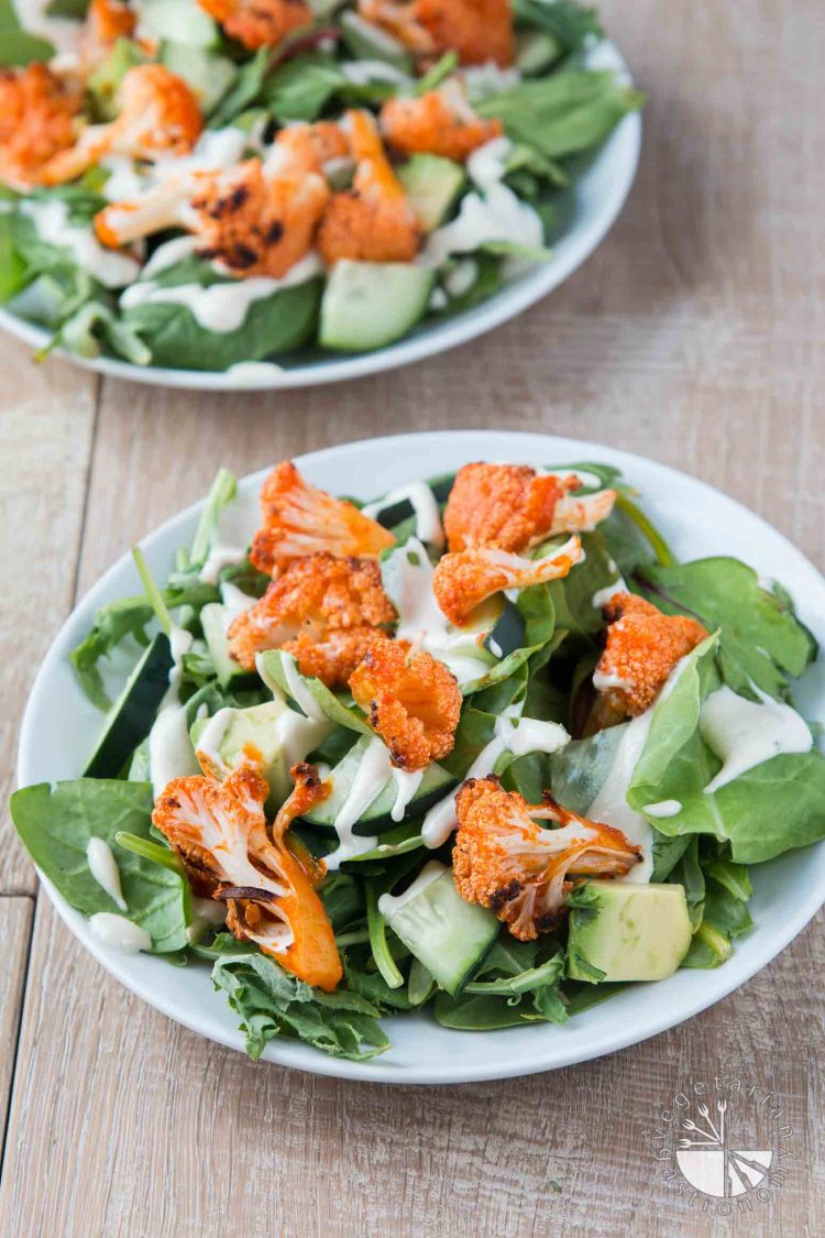 Buffalo Roasted Cauliflower Salad with Mixed Greens, Avocado & Vegan Cucumber Ranch #vegan #glutenfree | www.VegetarianGastronomy.com 