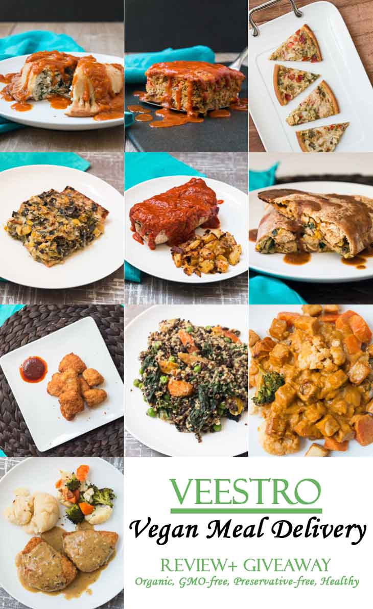 A collage of Veestro vegan meals for a review and giveaway.