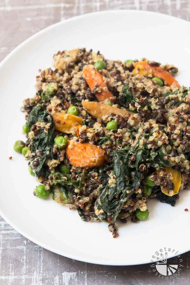 A photograph of beluga lentil braise with veggies, sitting on a white circular plate.