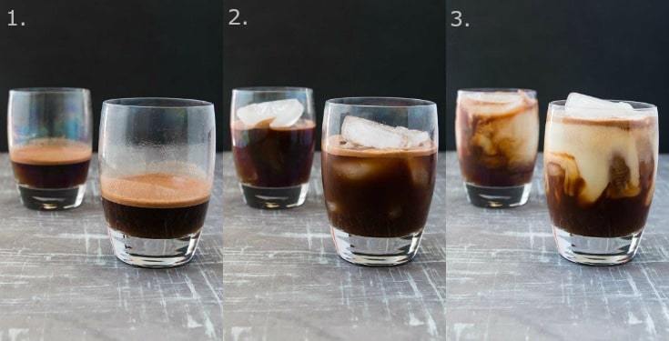 A collage of three photographs showing how to make an iced mocha recipe. 