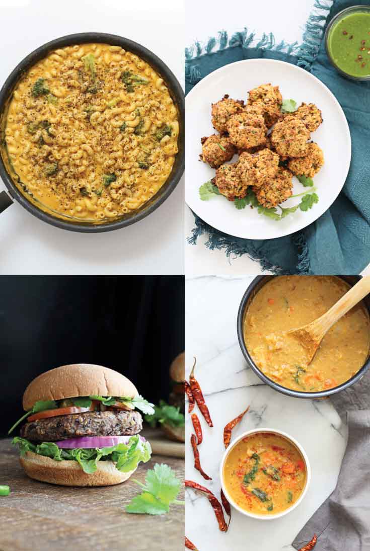 A collage of four recipe photographs from 'vegan richa's everyday kitchen' new cookbook. 