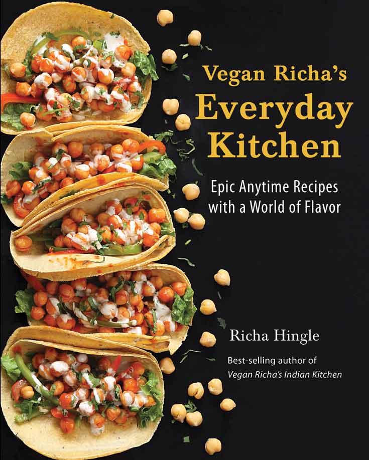 The front cover of vegan richa's everyday kitchen cookbook. 