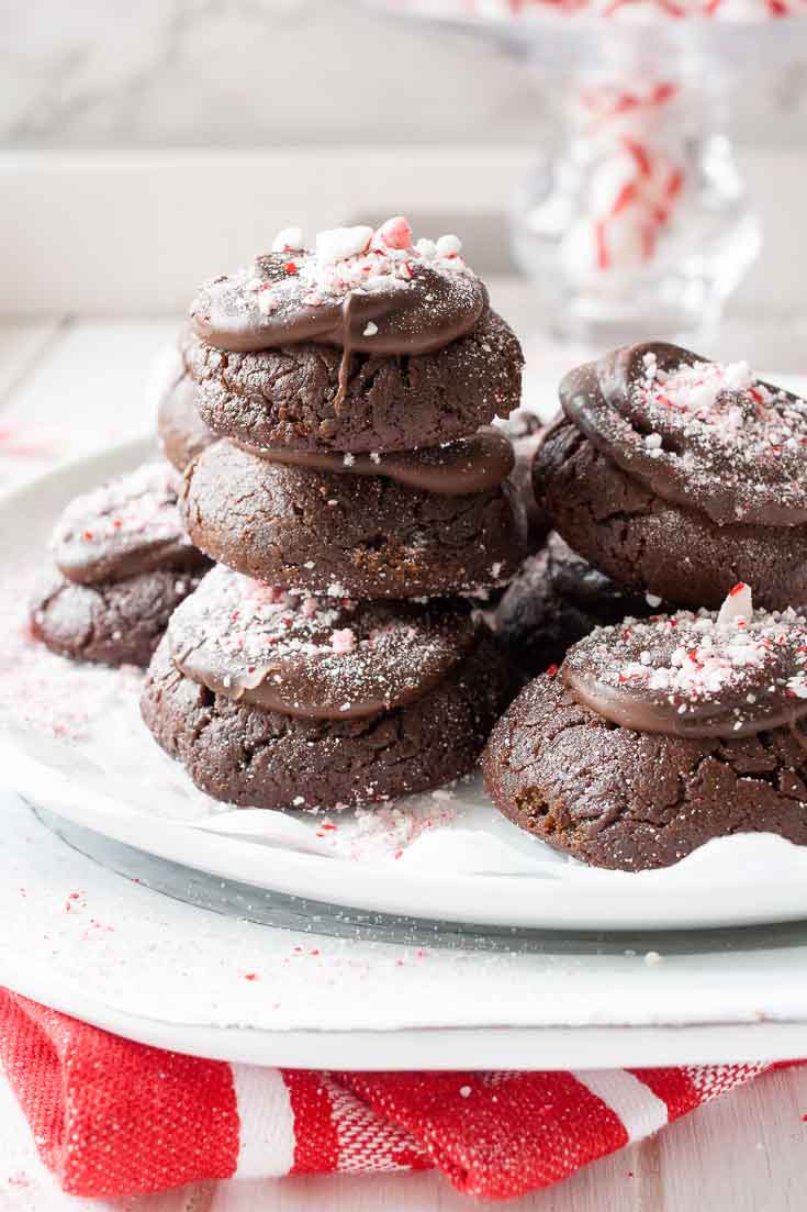 A plate-full of fudgy vegan brownie peppermint cookies for the holidays.