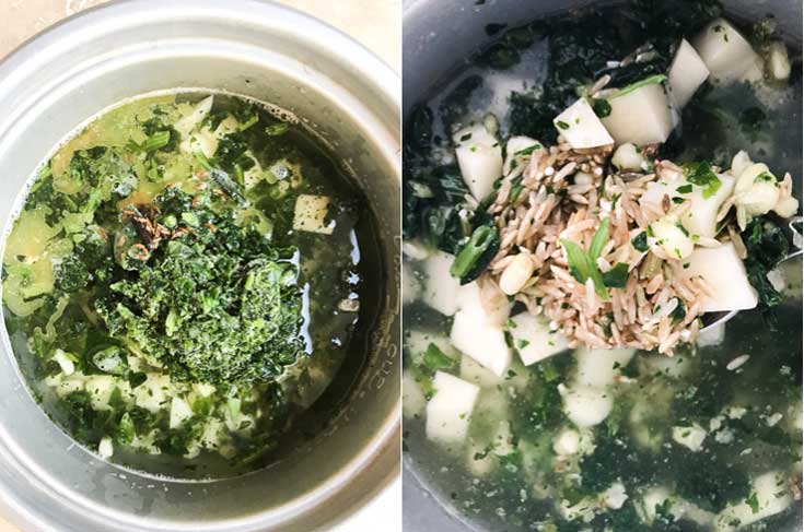 Two-photo collage of vegetable pulau rice recipe being prepped in the rice cooker. 