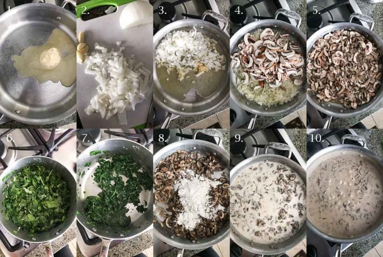 A step-by-step collage of 10 photographs on how to make a vegan creamy mushroom sauce for the vegan spinach mushroom lasagna dish. 