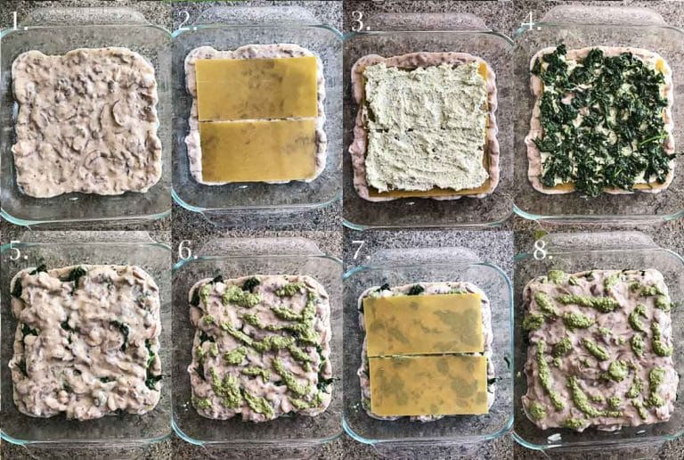 A step-by-step collage of 8 photographs showing how to make a vegan spinach mushroom lasagna. 