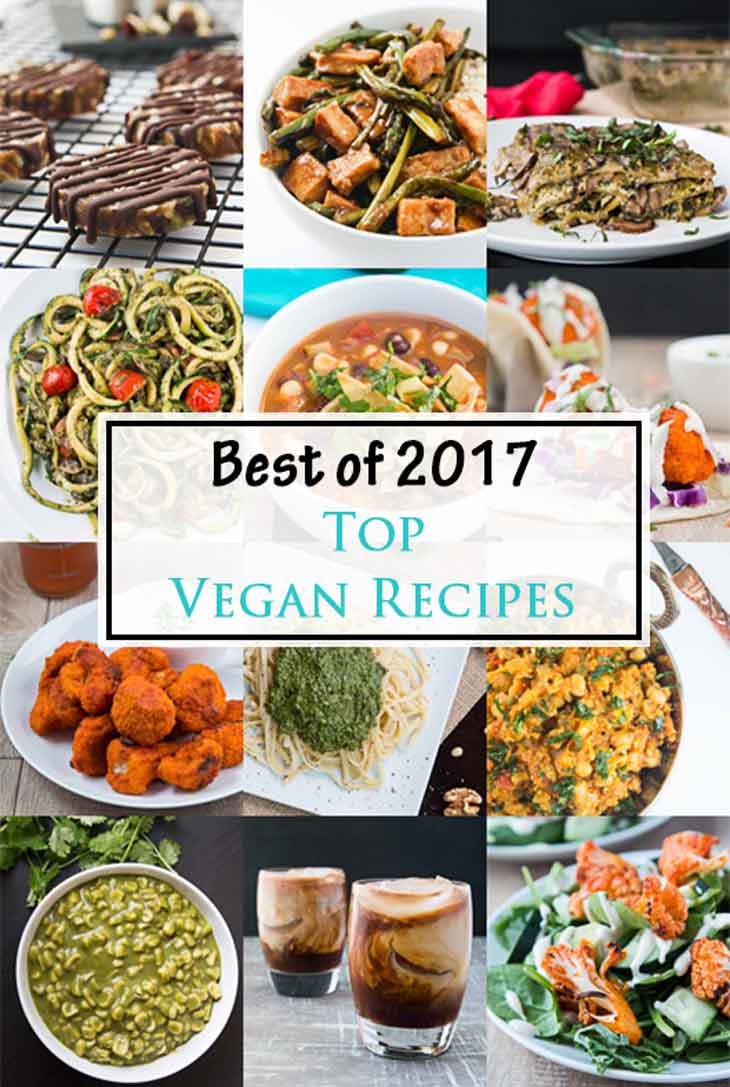 A collage of best vegan meal recipes in 2017 from vegetarian gastronomy.