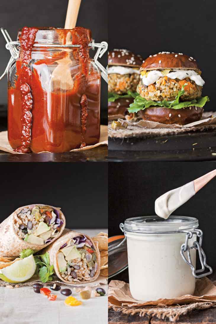 A four photograph collage showing vegan burger recipe, vegan burrito, and two vegan sauces from a vegan cookbook. 