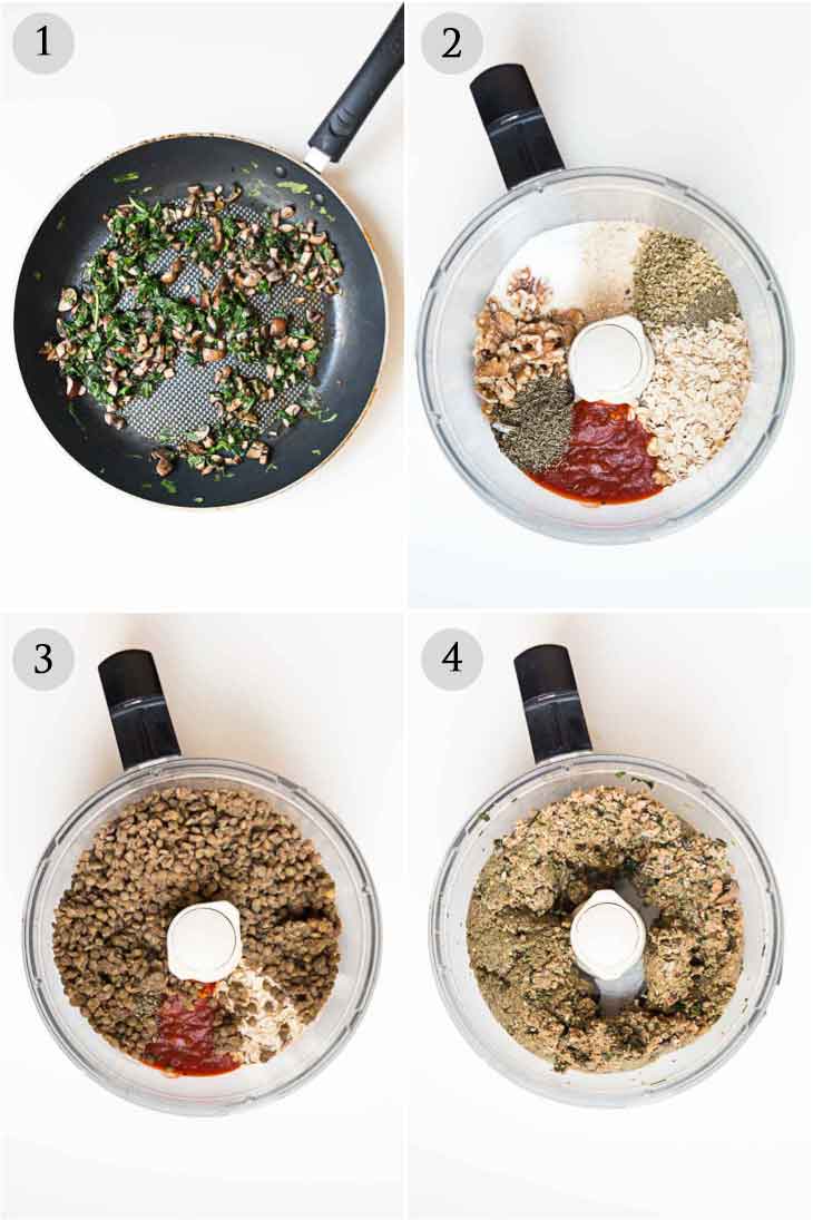 A collage of four photographs showing step-by-step process on how to make the vegan burger recipe. 