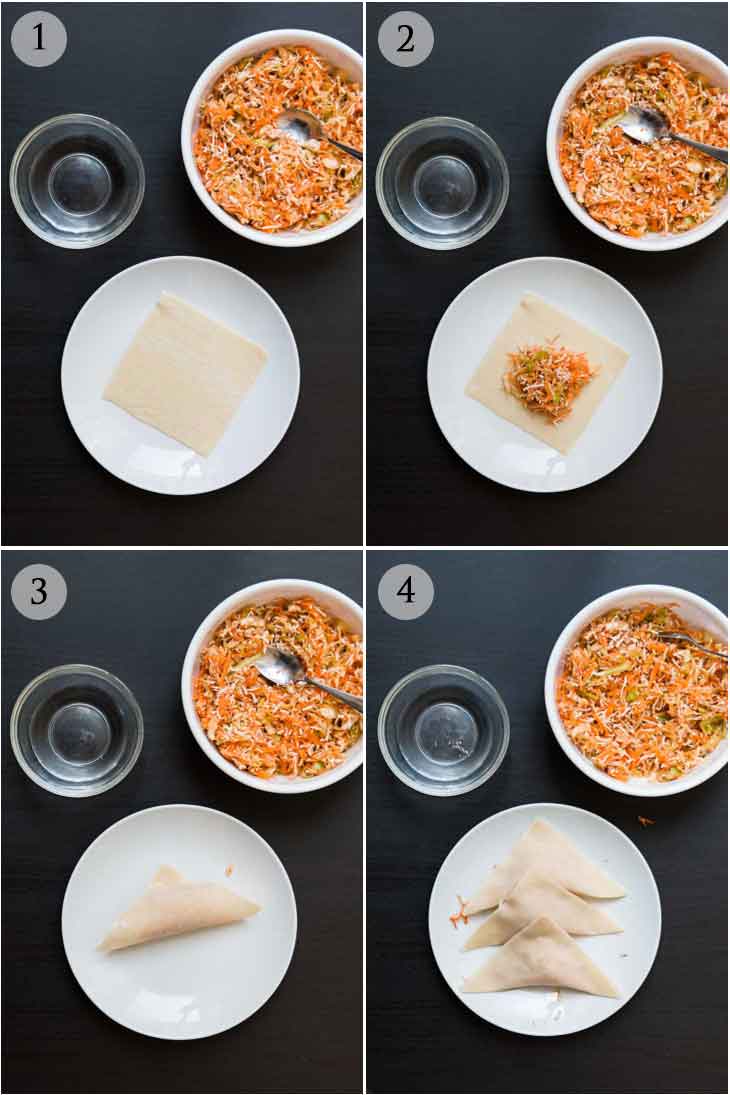 Step-by-step collage of 4 photographs on how to make wontons.