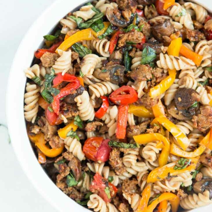 Pasta Salad with Grilled Italian Sausage, Peppers, Mushrooms, & Cherry