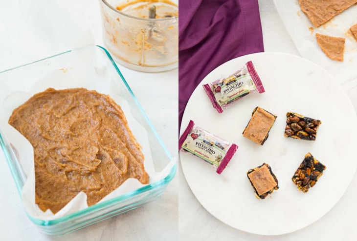 2 picture collage showing step by step how to make vegan chocolate bars with date caramel.