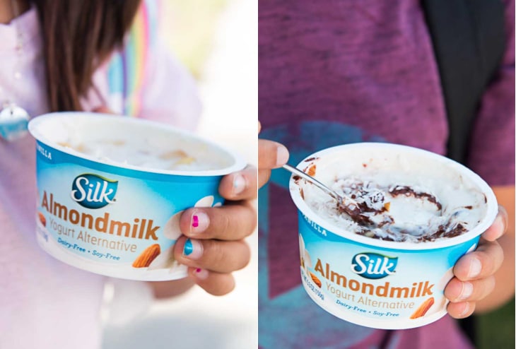 A collage of two kids eating healthy yogurt vegan cups. 