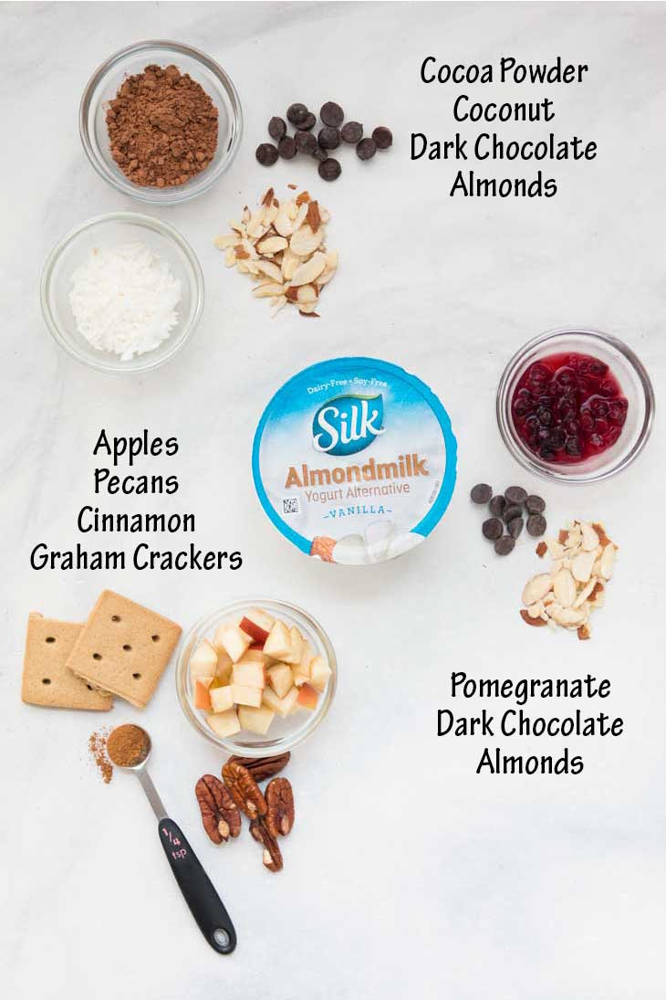 An overhead photograph showing 3 healthy yogurt cup combinations with text overlay. 